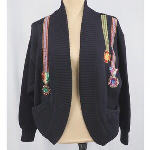 Vintage 80s Tony Lambert‎ Small Oversized Wool Open Front Cardigan Shawl Collar
